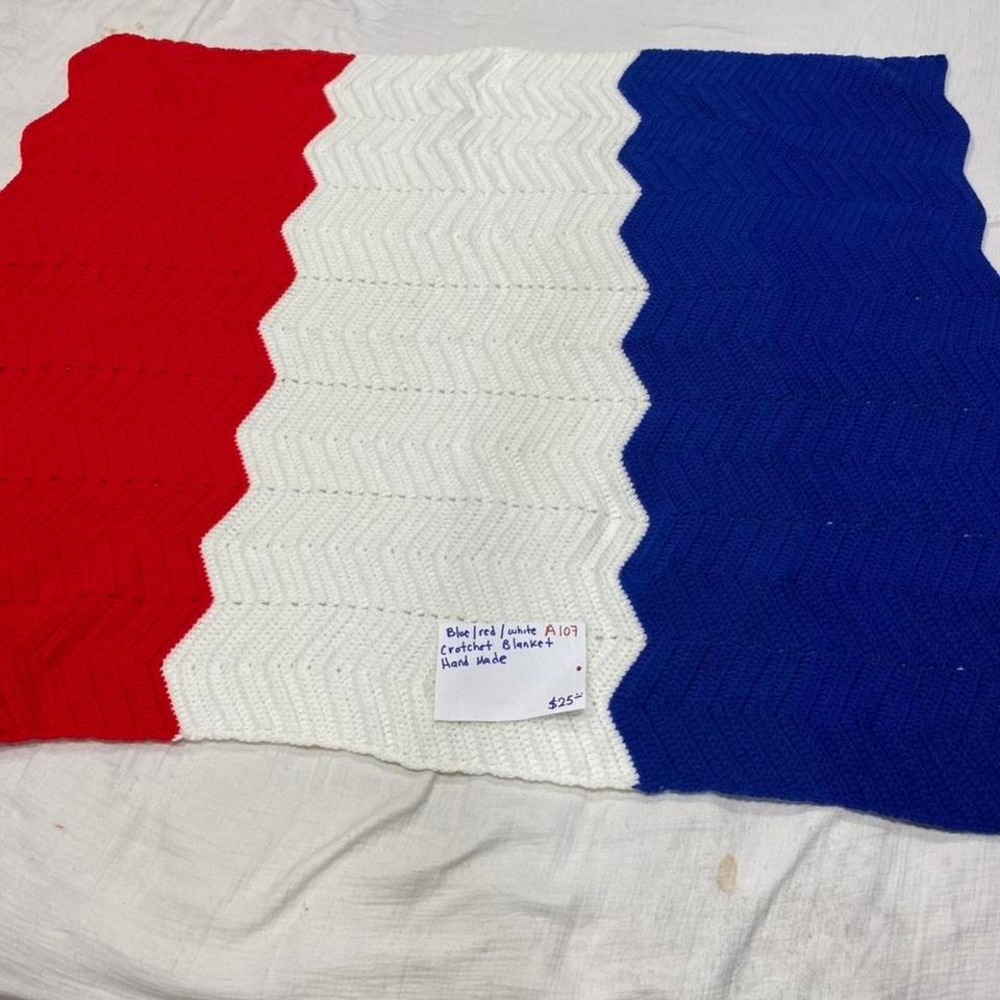 Handmade crochet blanket red, white and blue colors size L52"X W39". SKU-A107
